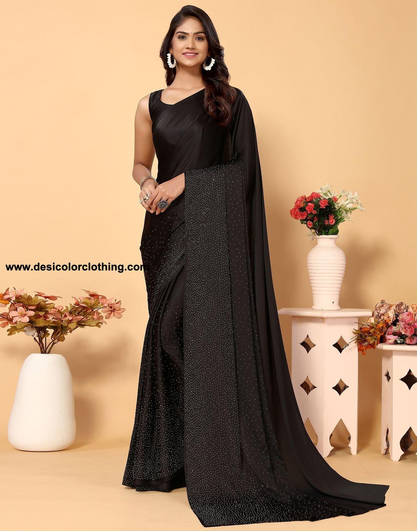 Black Silk Plain Hot Fixing Saree