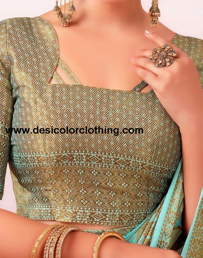 Elegant Blue and Golden Cotton Silk Saree with Plain Woven Design and Matching Blouse
