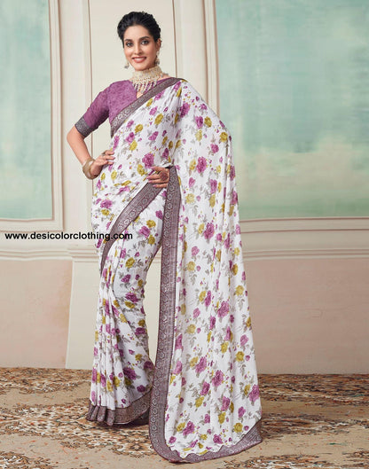 White Printed Georgette Saree