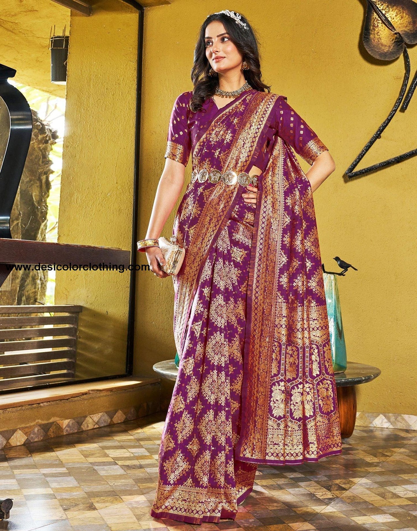 Wine Jacquard Silk Saree