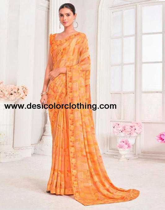 Orange Chiffon Printed Saree