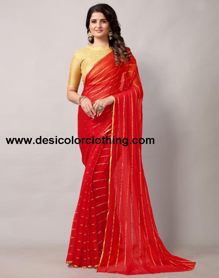 Red Plain Chiffon Saree