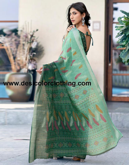 Dark Green Printed Cotton Saree