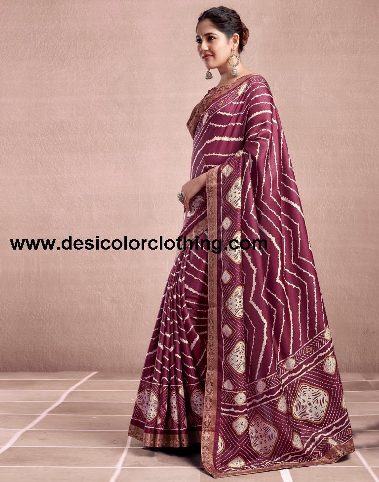 Dusty Maroon Silk Printed Saree