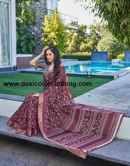 Wine Silk Printed Saree