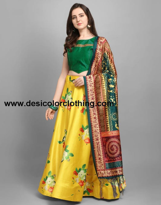 Bedazzling Yellow Coloured Poly Silk Digital Printed Casual Wear Lehenga | SLV102L10175