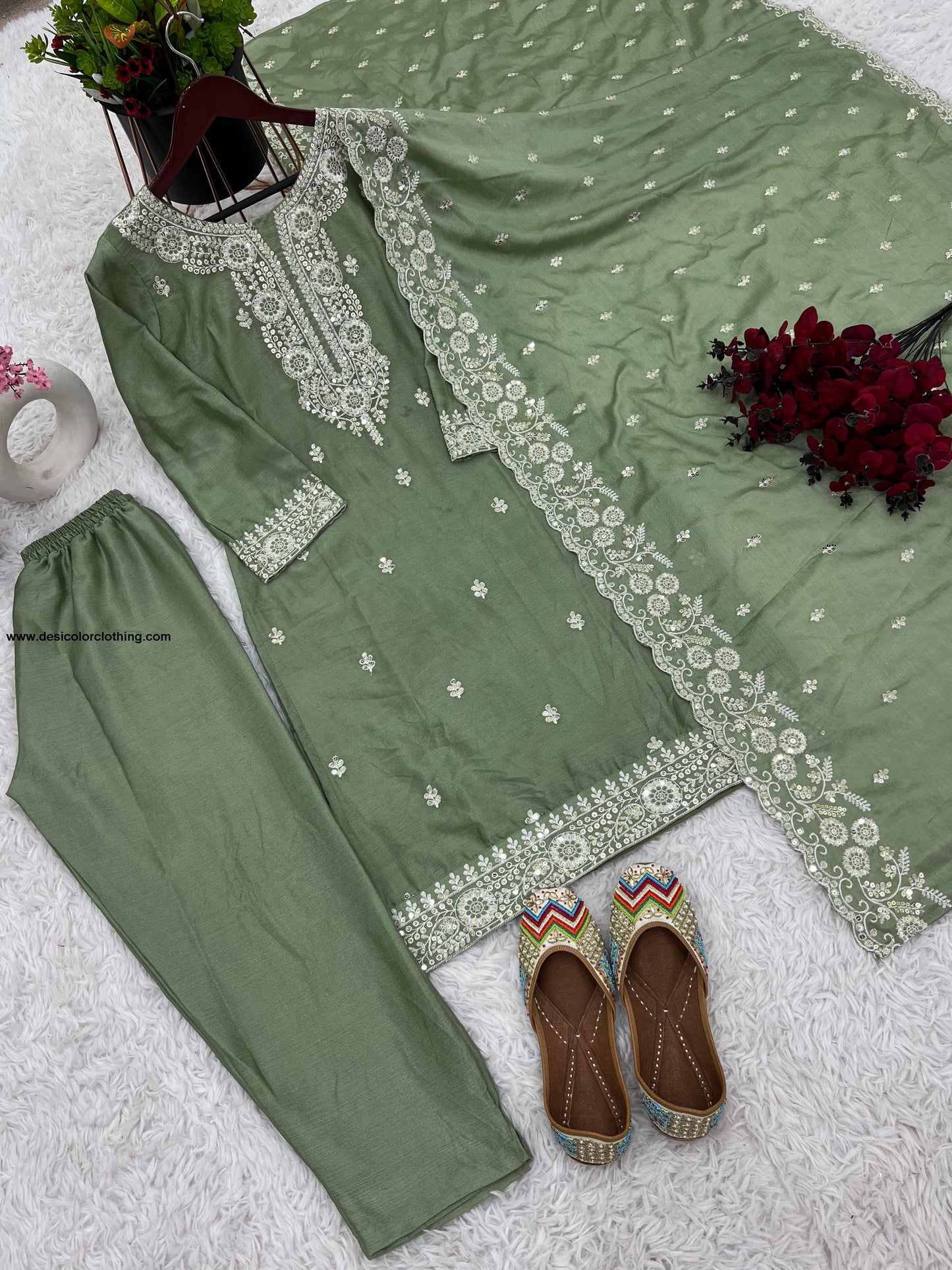 Pure Chinnon With Embroidery Sequence Work Top-Bottom And Dupatta Set Fully Stitched Ready To Wear*