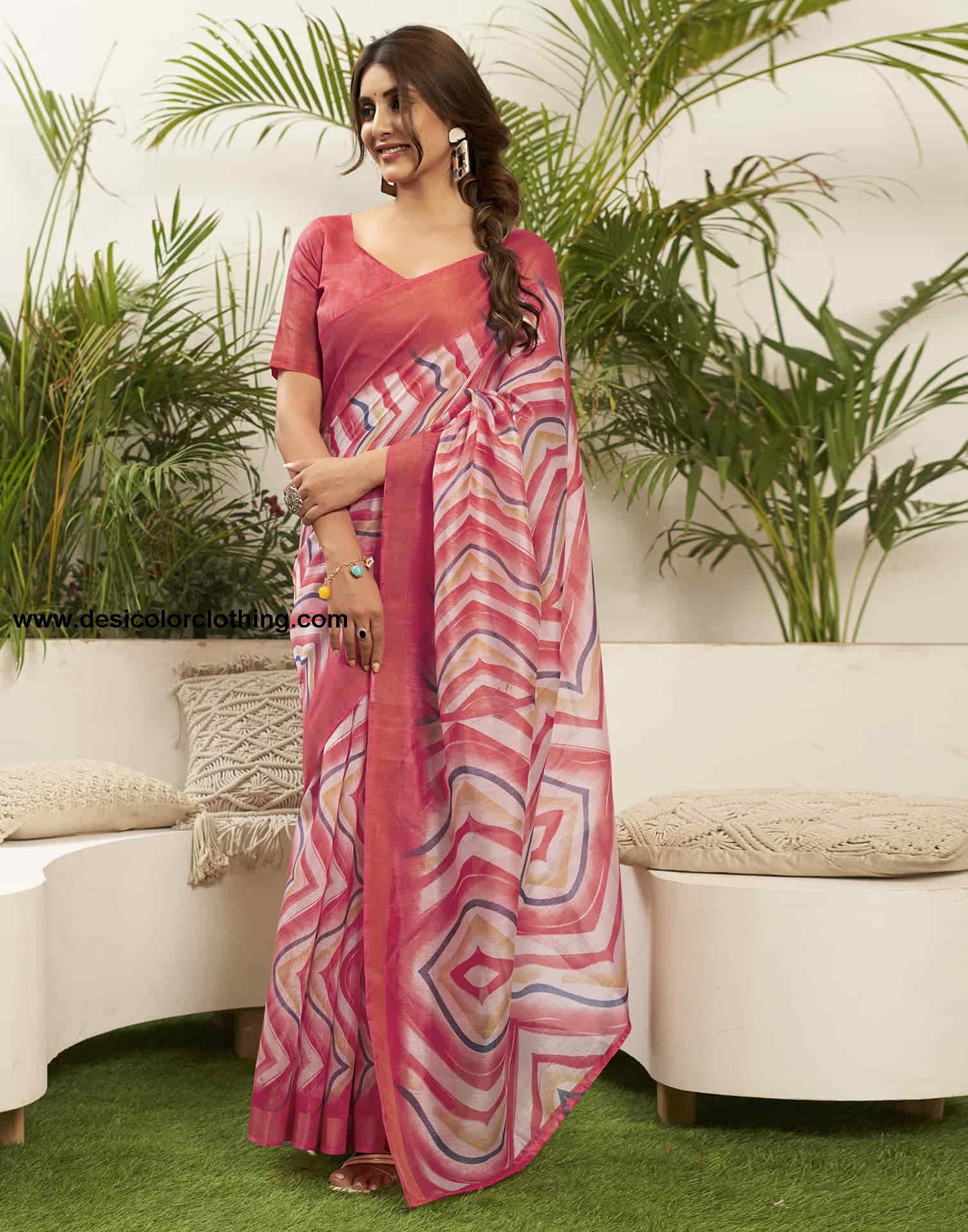 Rose Pink Cotton Printed Saree