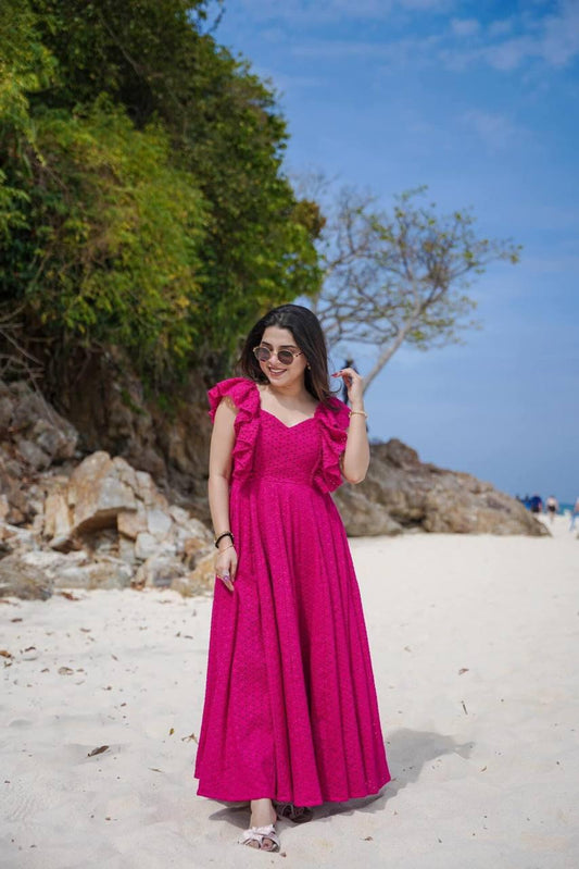 Product Image - Pink Blossom Designer Schiffli Cotton Dress - Perfect Festive Wear