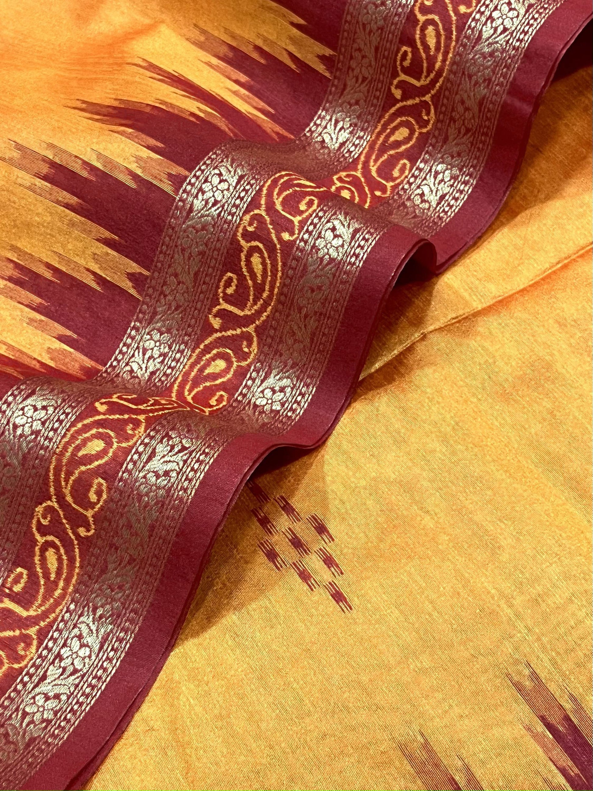 Product Image - Traditional Ikkat Temple Border Saree | Soft Tussar Silk