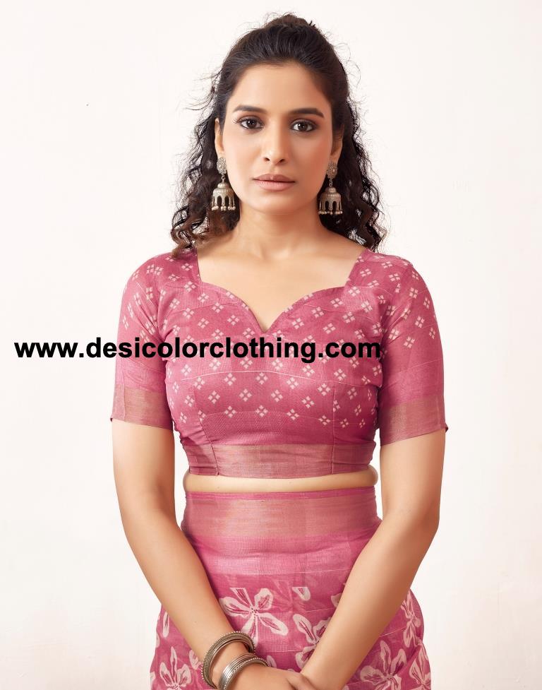 Pink Cotton Printed Sarees