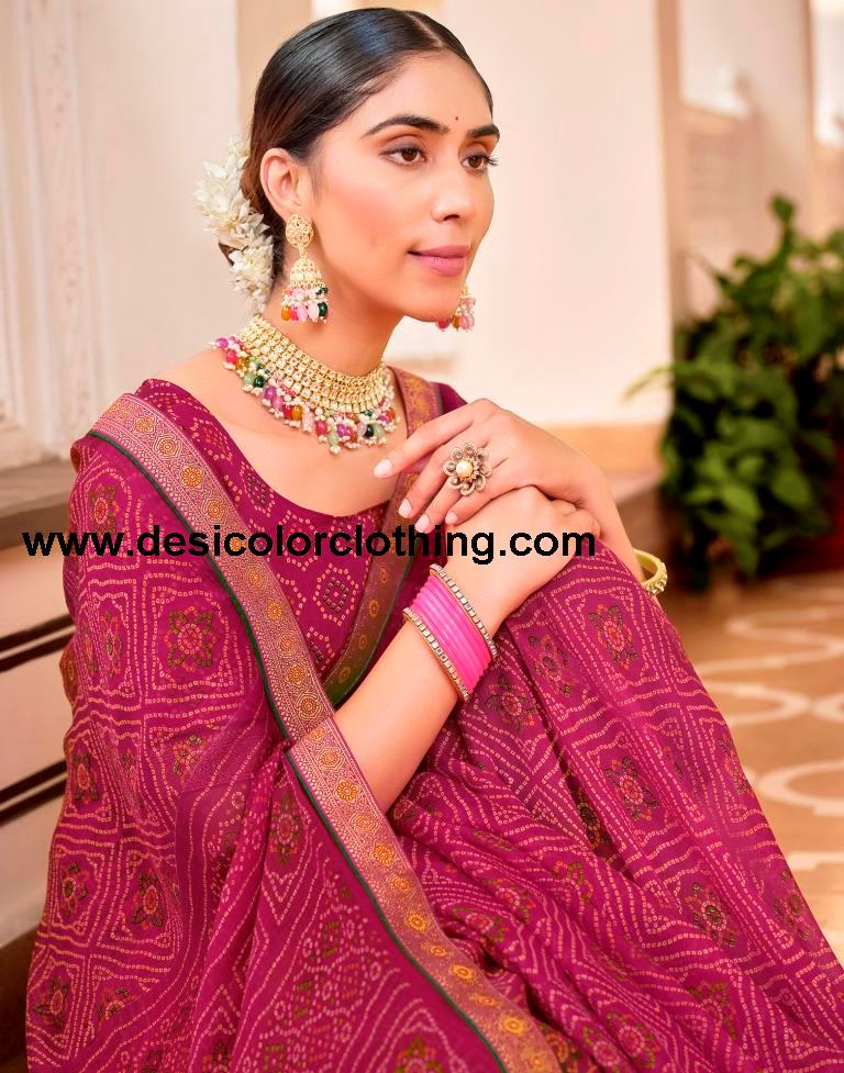 Dark Pink Chiffon Bandhani Saree