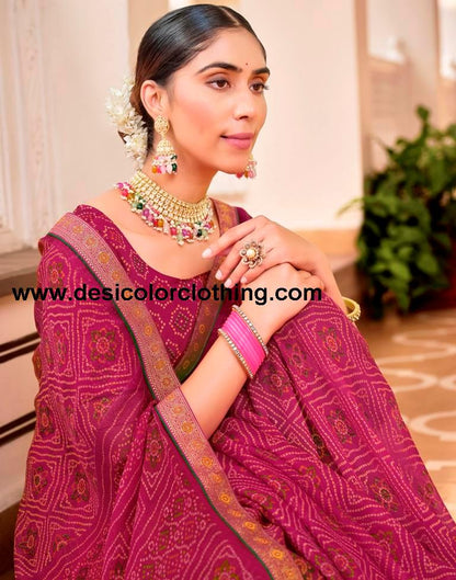 Dark Pink Chiffon Bandhani Saree