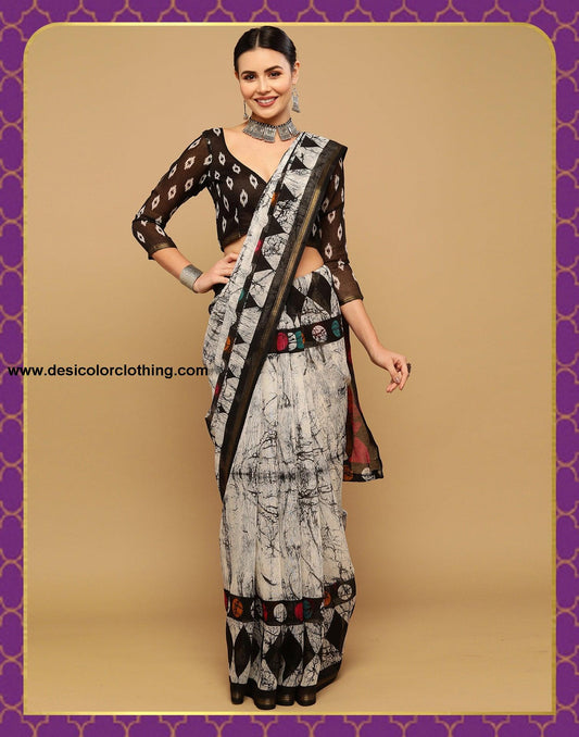White And Grey Cotton Saree