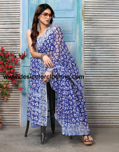 Blue Chiffon Printed Saree