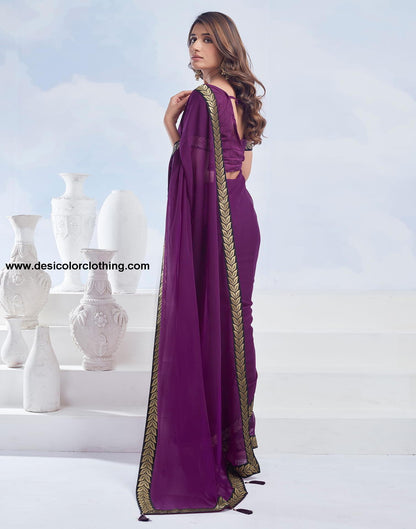 Purple Plain Georgette Saree