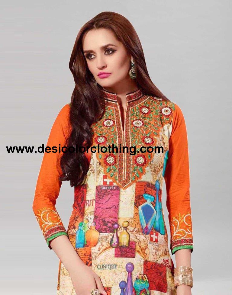 Orange Cotton Printed Embroidered Unstitched Salwar Suit