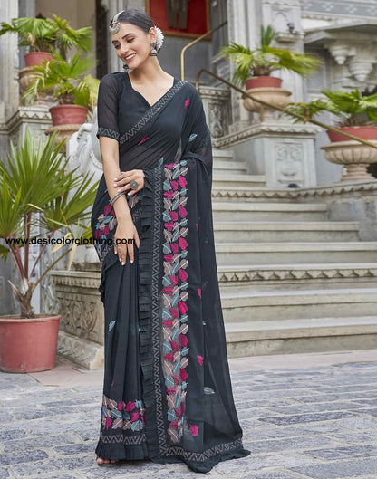 Blue Embroidery Georgette Stone Work Saree