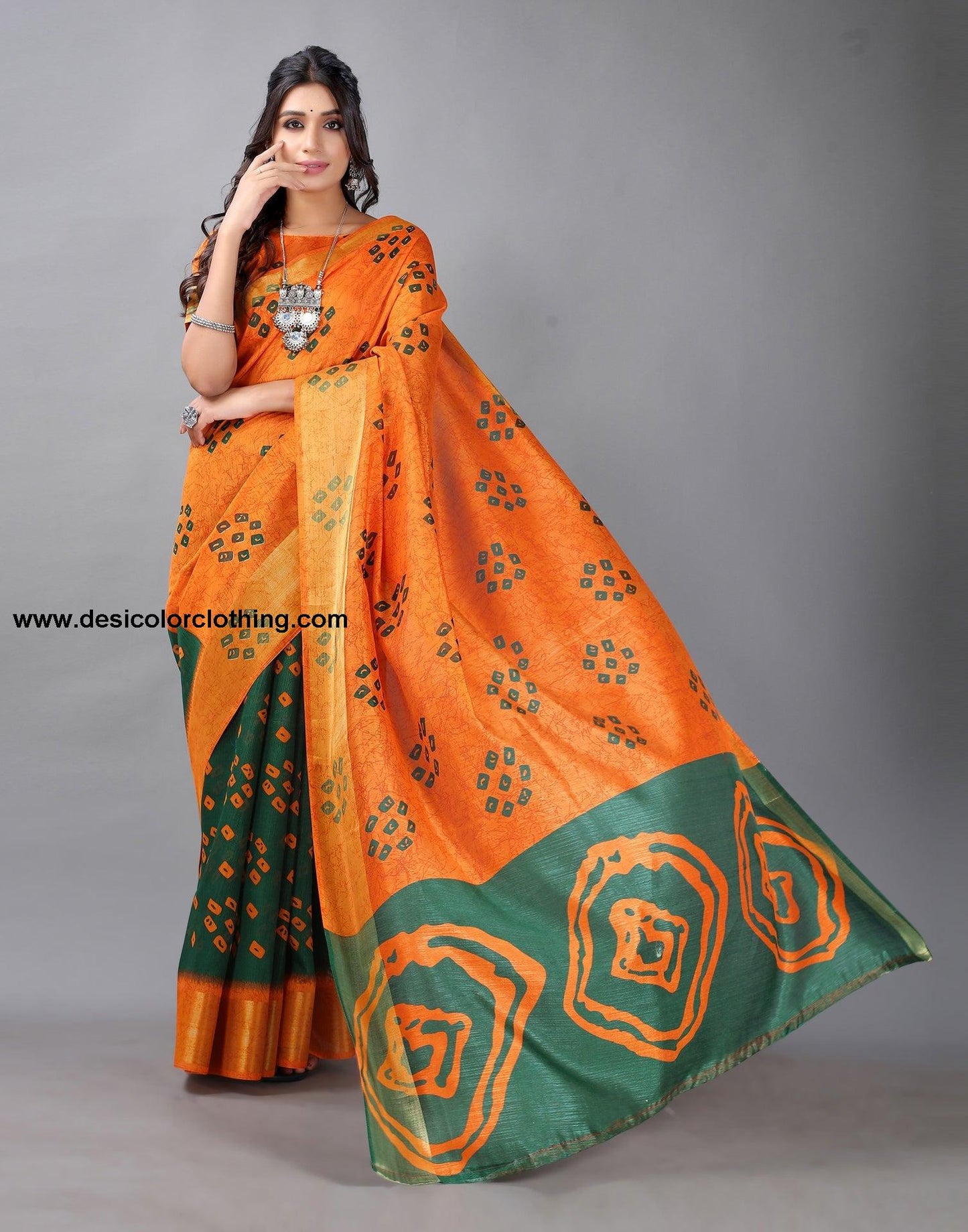 Dark Orange Bandhani Cotton Saree
