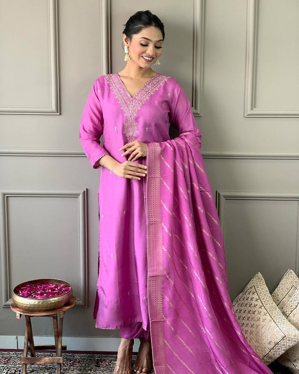Product Image - Elegant Viscose Chanderi Designer Kurta Pant with Organza Silk Dupatta - Festive Wear