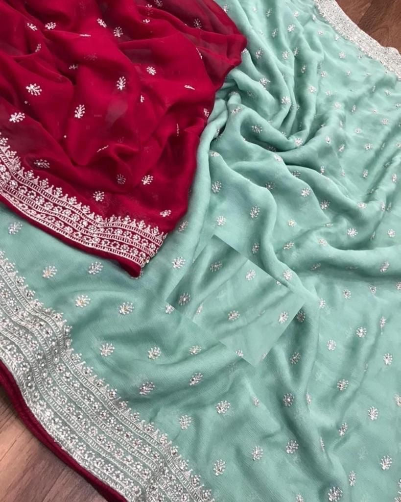 Pure chinnon chiffon sarees with all over embroidery and contrast blouse