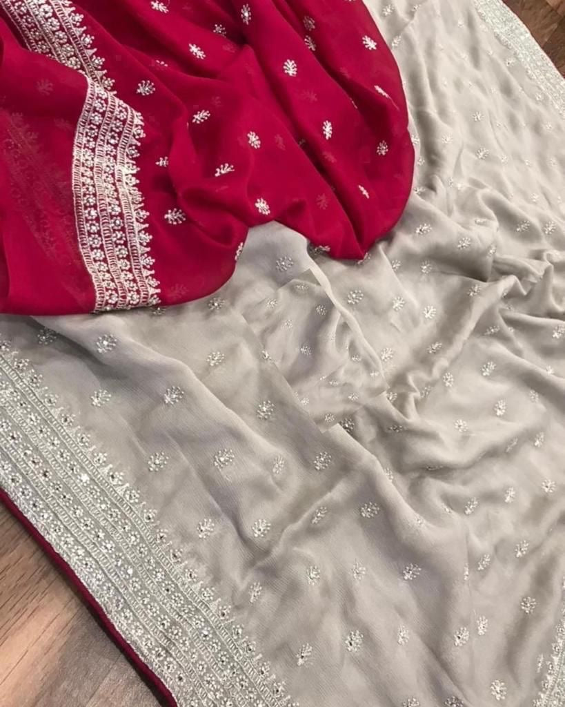 Pure chinnon chiffon sarees with all over embroidery and contrast blouse