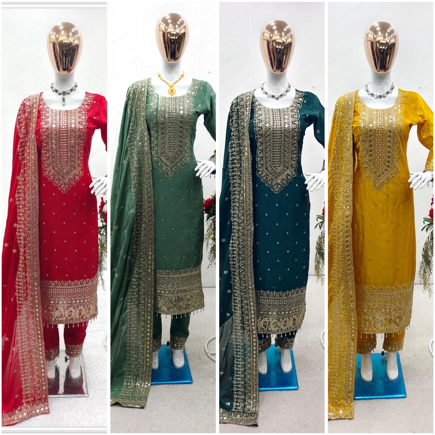 Designer Chinnon Party Wear Suits Luxury Embroidered Festive Collection