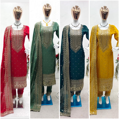 Designer Chinnon Party Wear Suits Luxury Embroidered Festive Collection