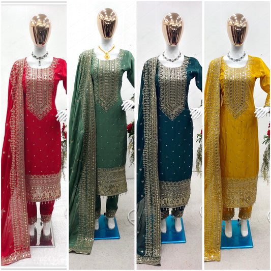 Designer Chinnon Party Wear Suits Luxury Embroidered Festive Collection