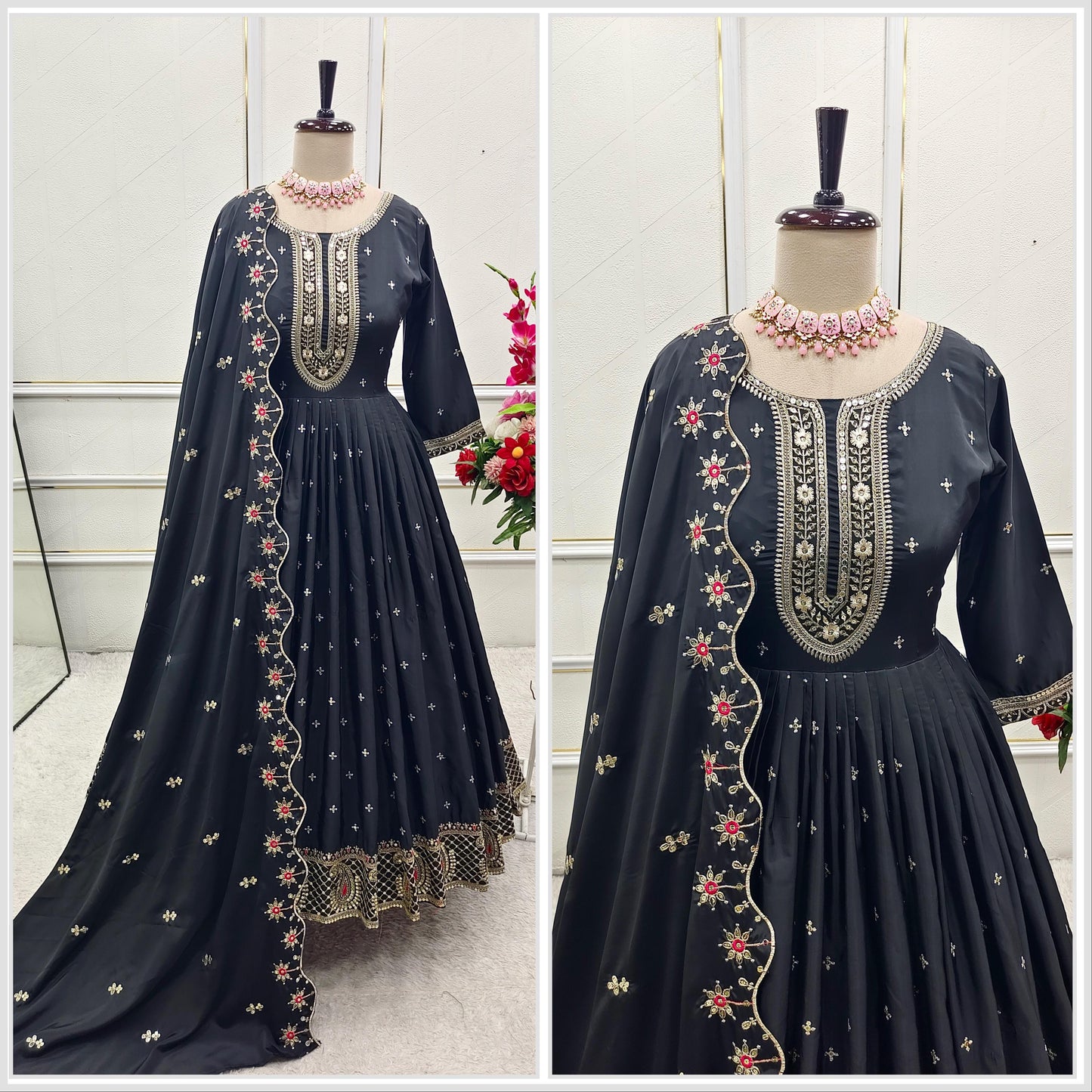 Black Anarkali suit with golden embroidery, full sleeves and flared bottom
