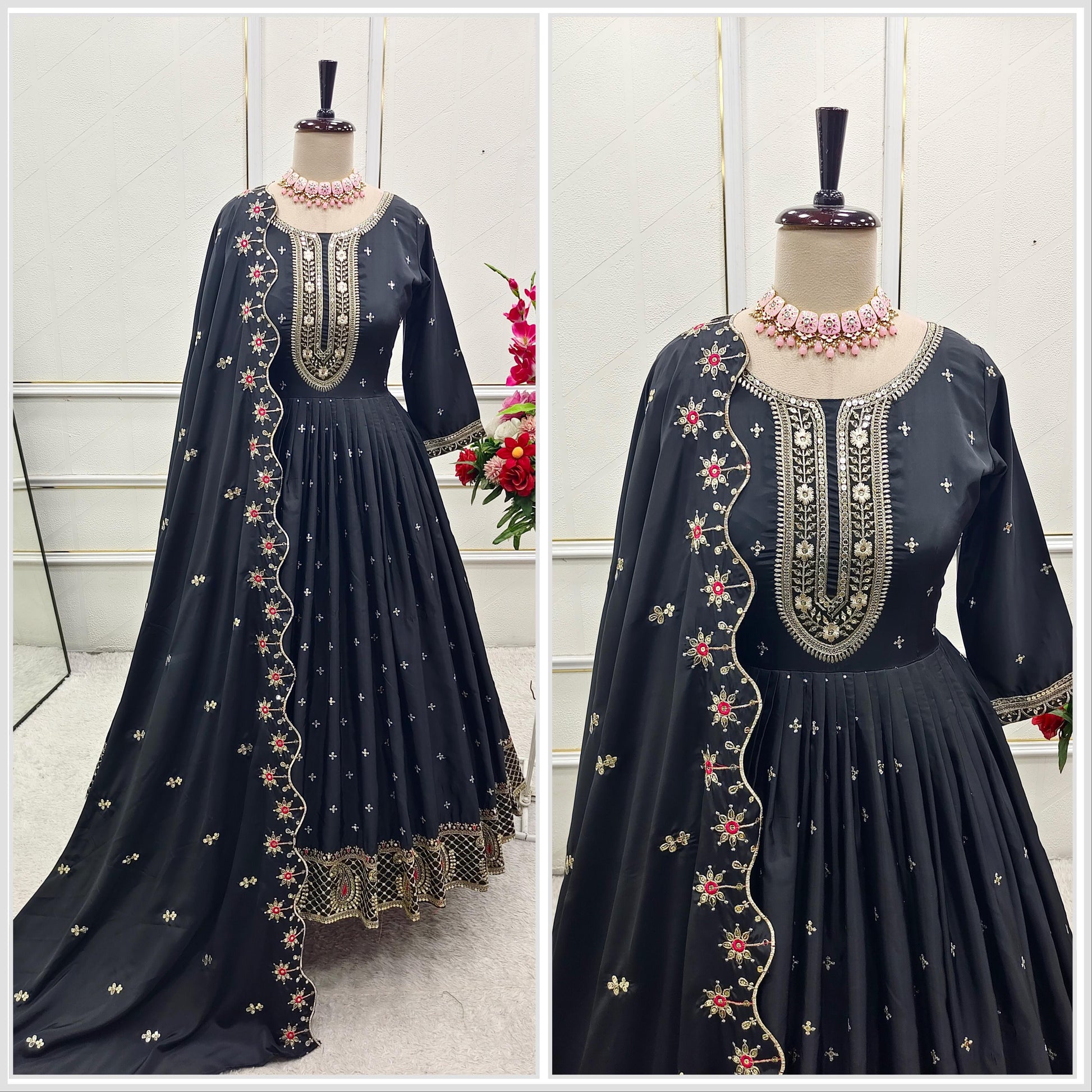 Black Anarkali suit with golden embroidery, full sleeves and flared bottom