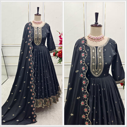 Black Anarkali suit with golden embroidery, full sleeves and flared bottom