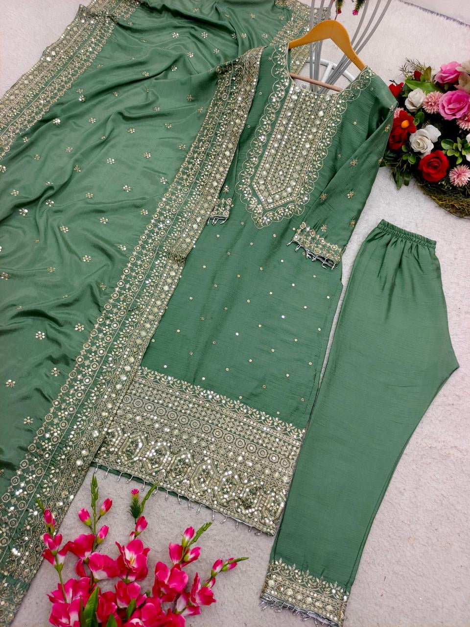 Designer Chinnon Party Wear Suits Luxury Embroidered Festive Collection
