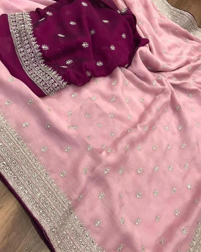 Pure chinnon chiffon sarees with all over embroidery and contrast blouse