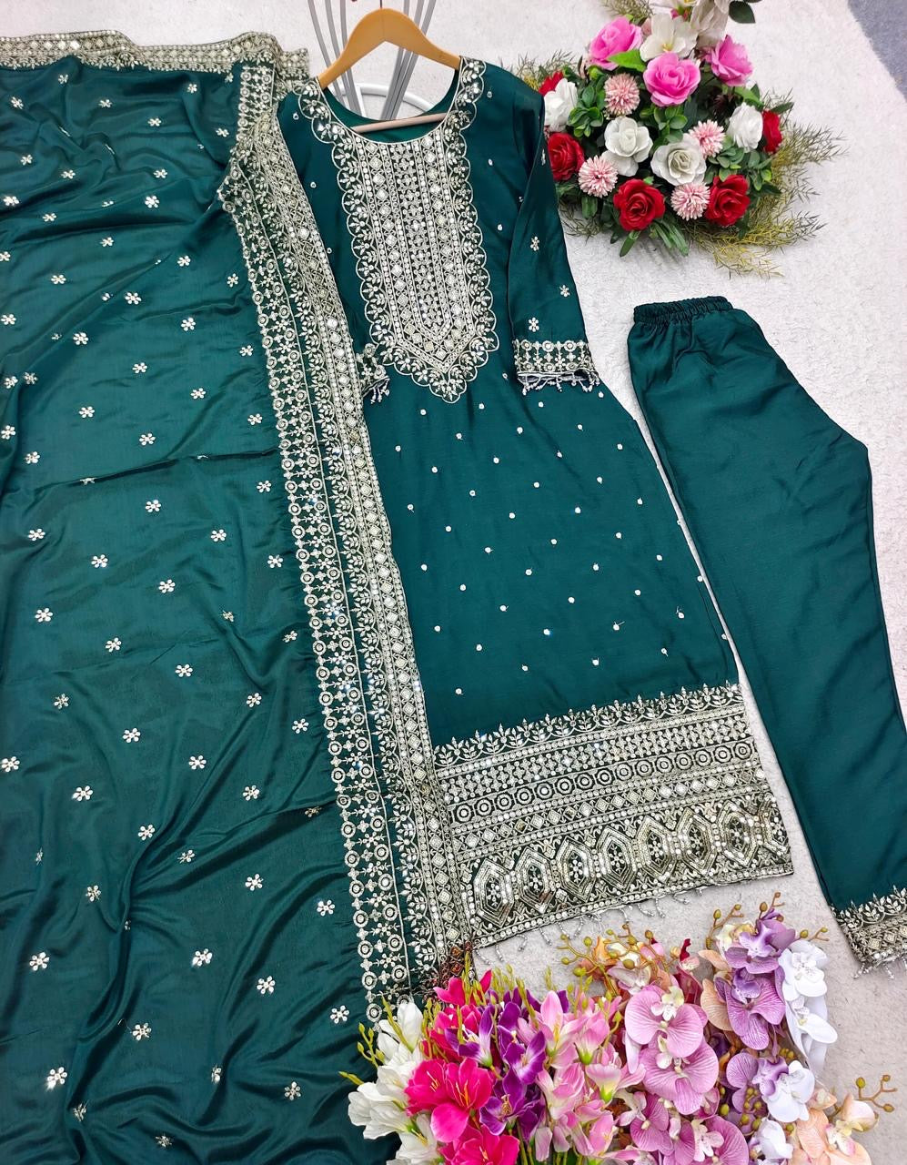 Designer Chinnon Party Wear Suits Luxury Embroidered Festive Collection