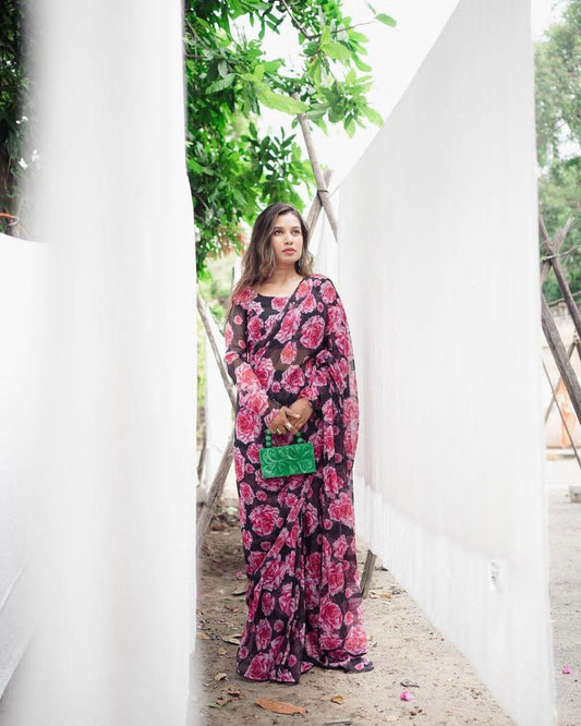 Forla Pink & Black 1-Min Ready-Made Saree - Stylish & Effortless Wear