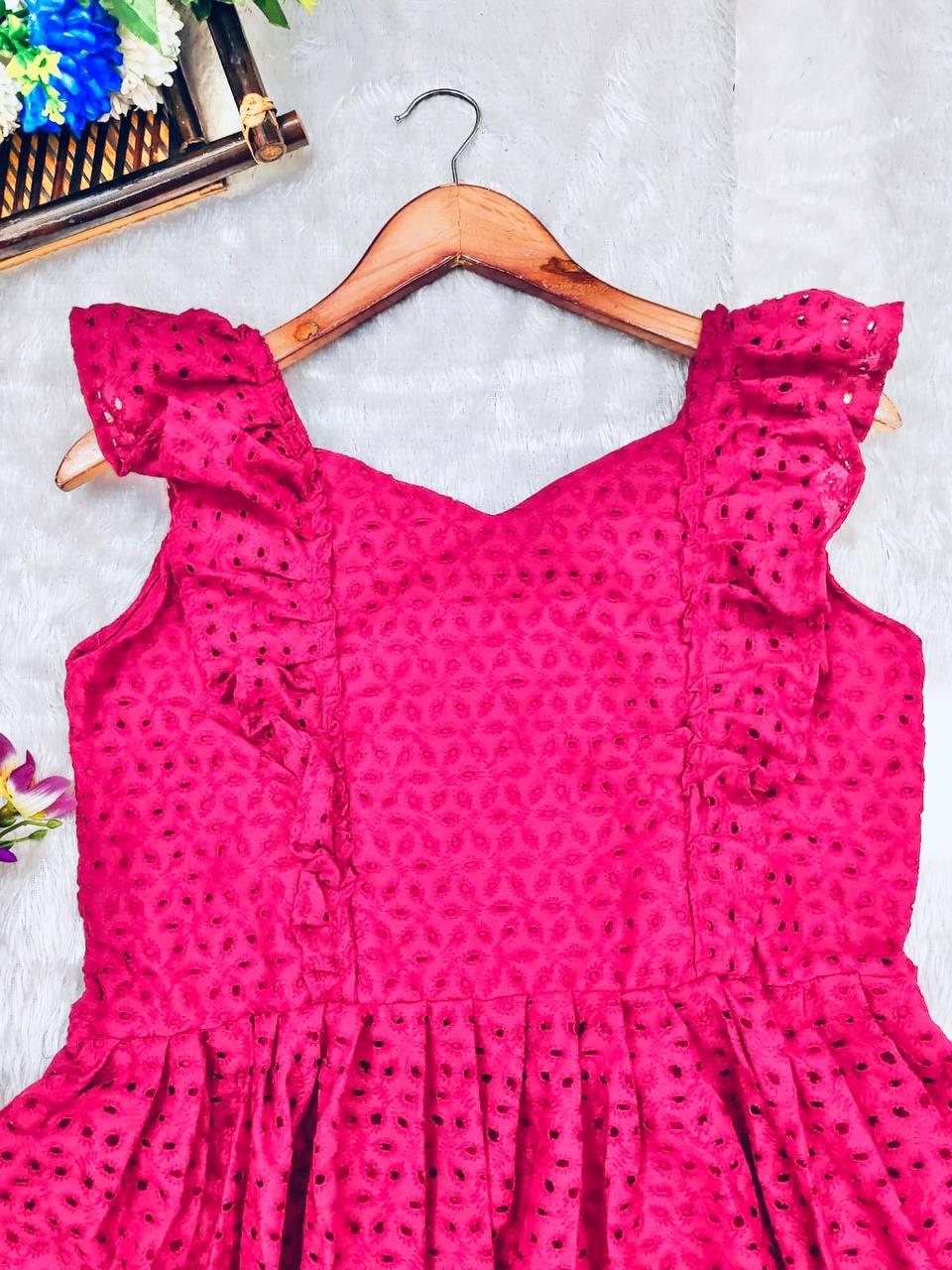 Product Image - Pink Blossom Designer Schiffli Cotton Dress - Perfect Festive Wear