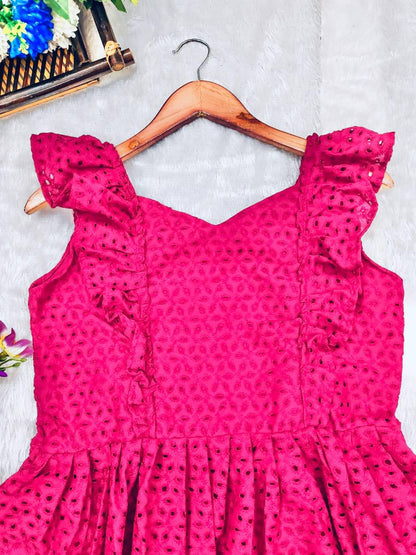 Product Image - Pink Blossom Designer Schiffli Cotton Dress - Perfect Festive Wear