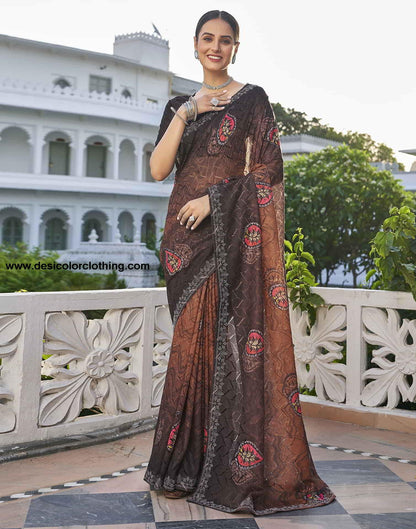 Brown Printed Net Stone Work Saree