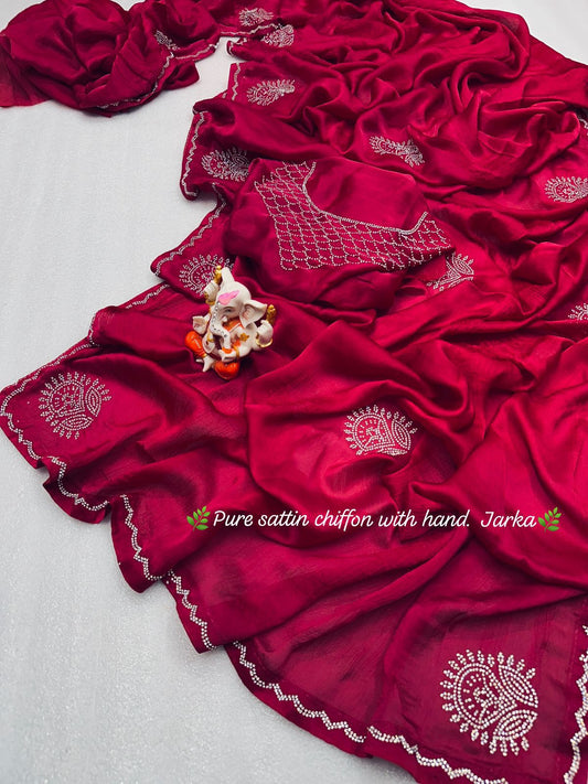 Product Image - Designer Satin Chiffon Saree with Handcrafted Siroski Jarkan Work