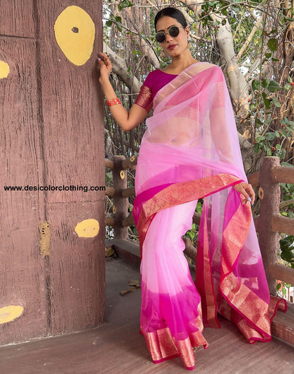 Dark Pink Plain Organza Saree
