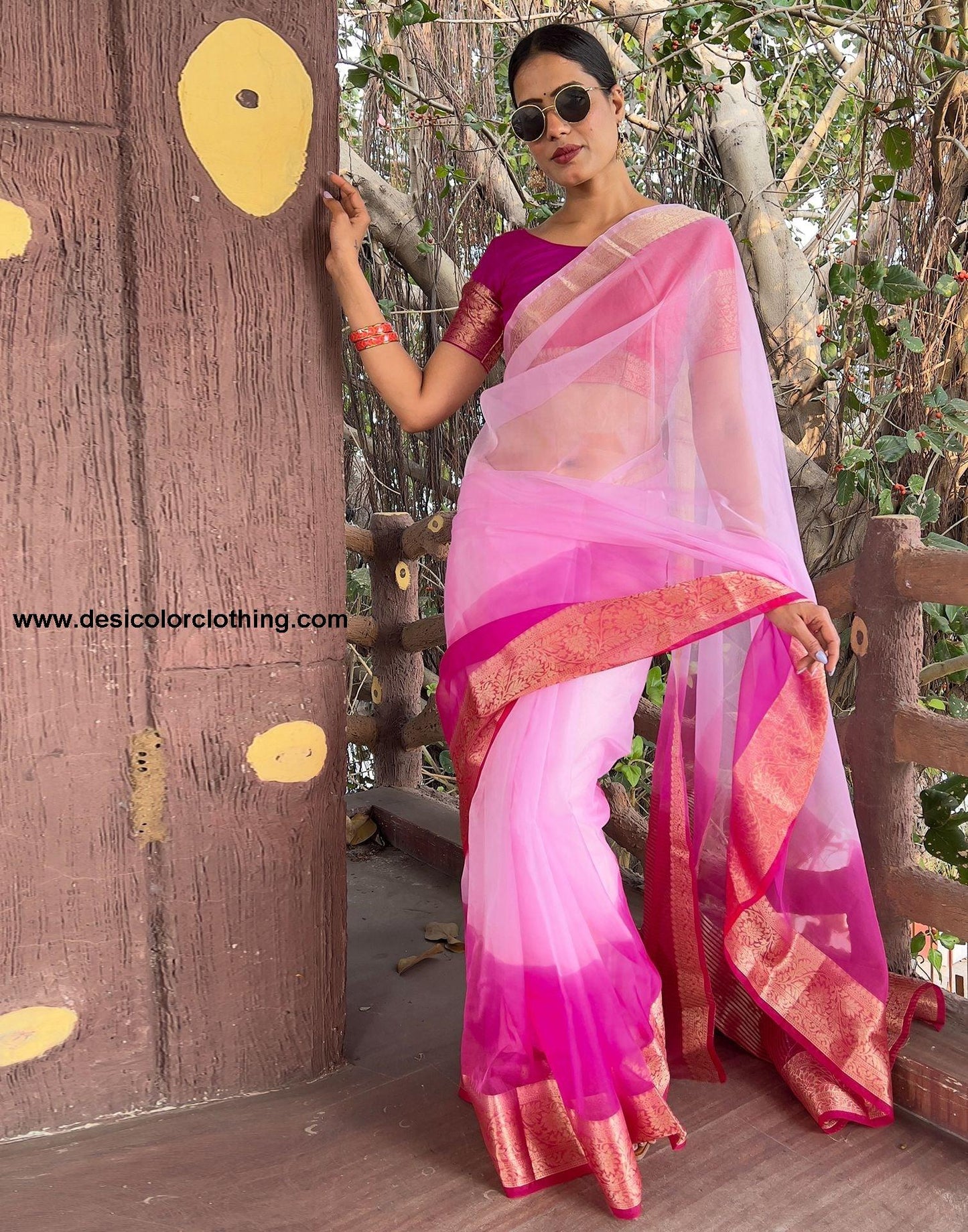 Dark Pink Plain Organza Saree