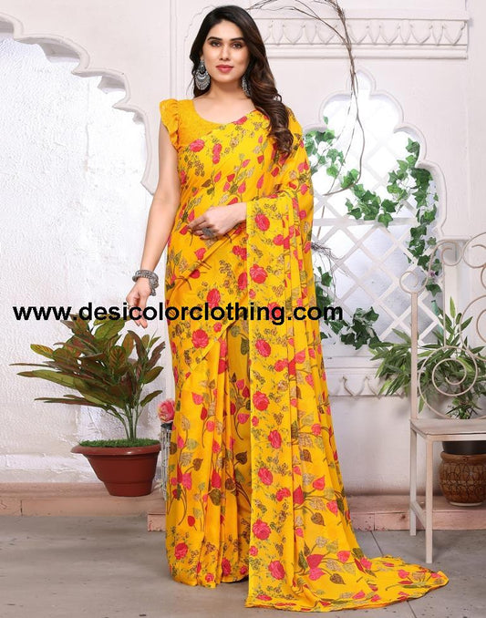 Turmeric Yellow Georgette Floral Printed Saree