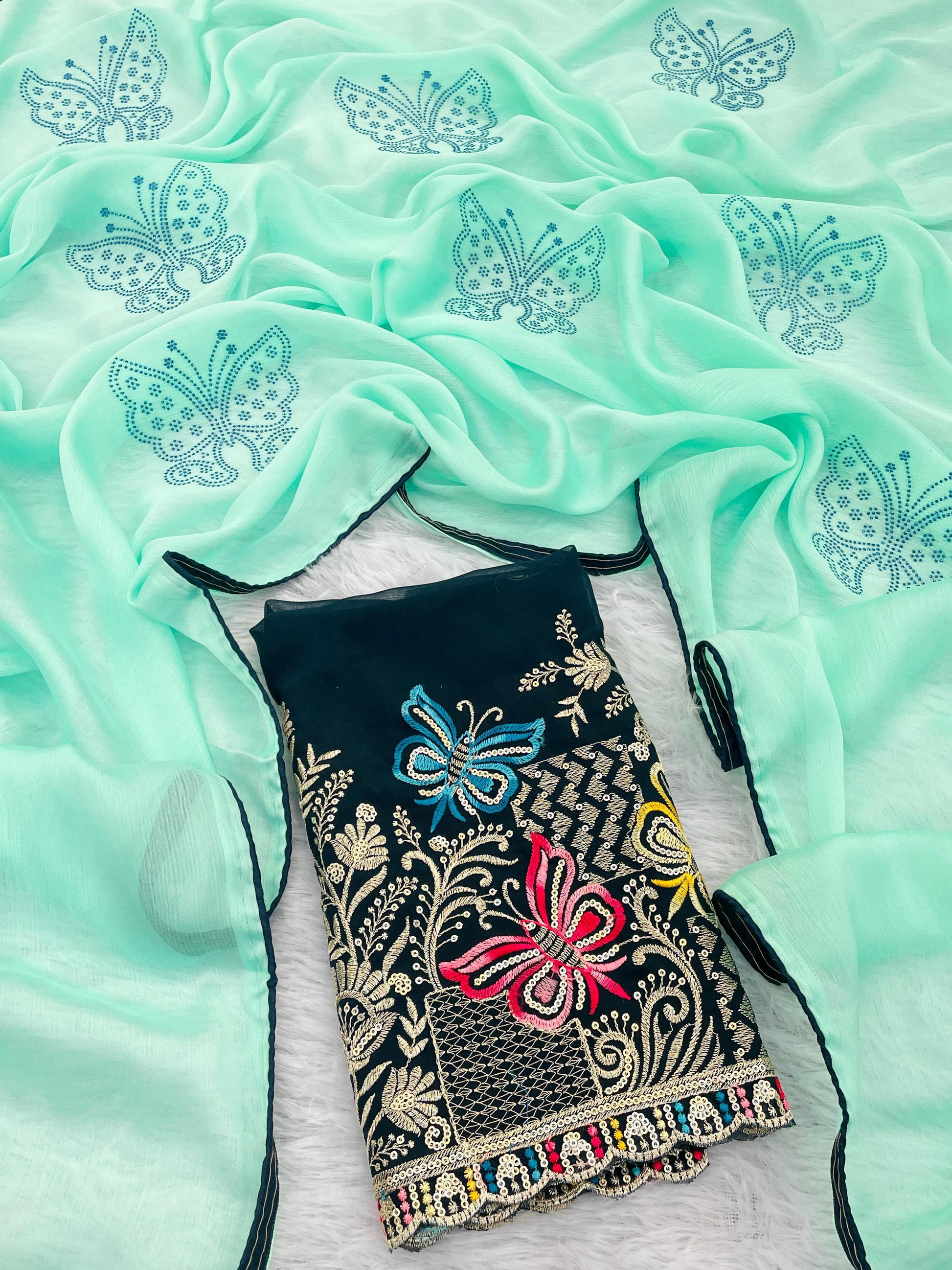 Product Image - Elegant Butterfly Designer Saree | Pure Chiffon with Handwork & Embroidery
