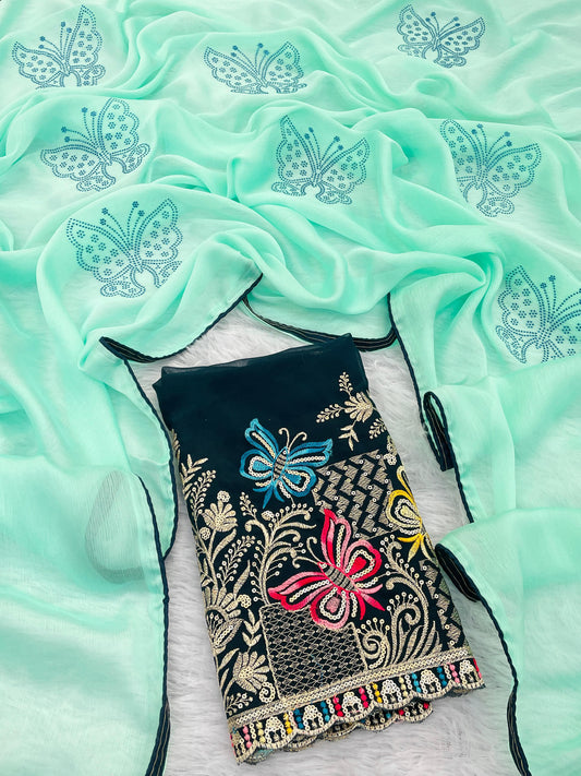 Product Image - Elegant Butterfly Designer Saree | Pure Chiffon with Handwork & Embroidery