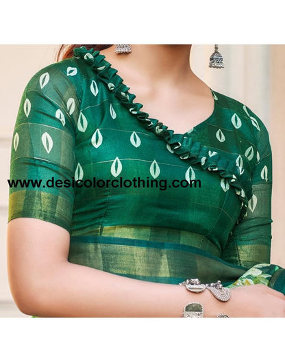 Dark Green Cotton Printed Saree