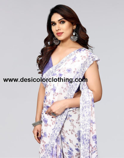 White Printed Georgette Saree