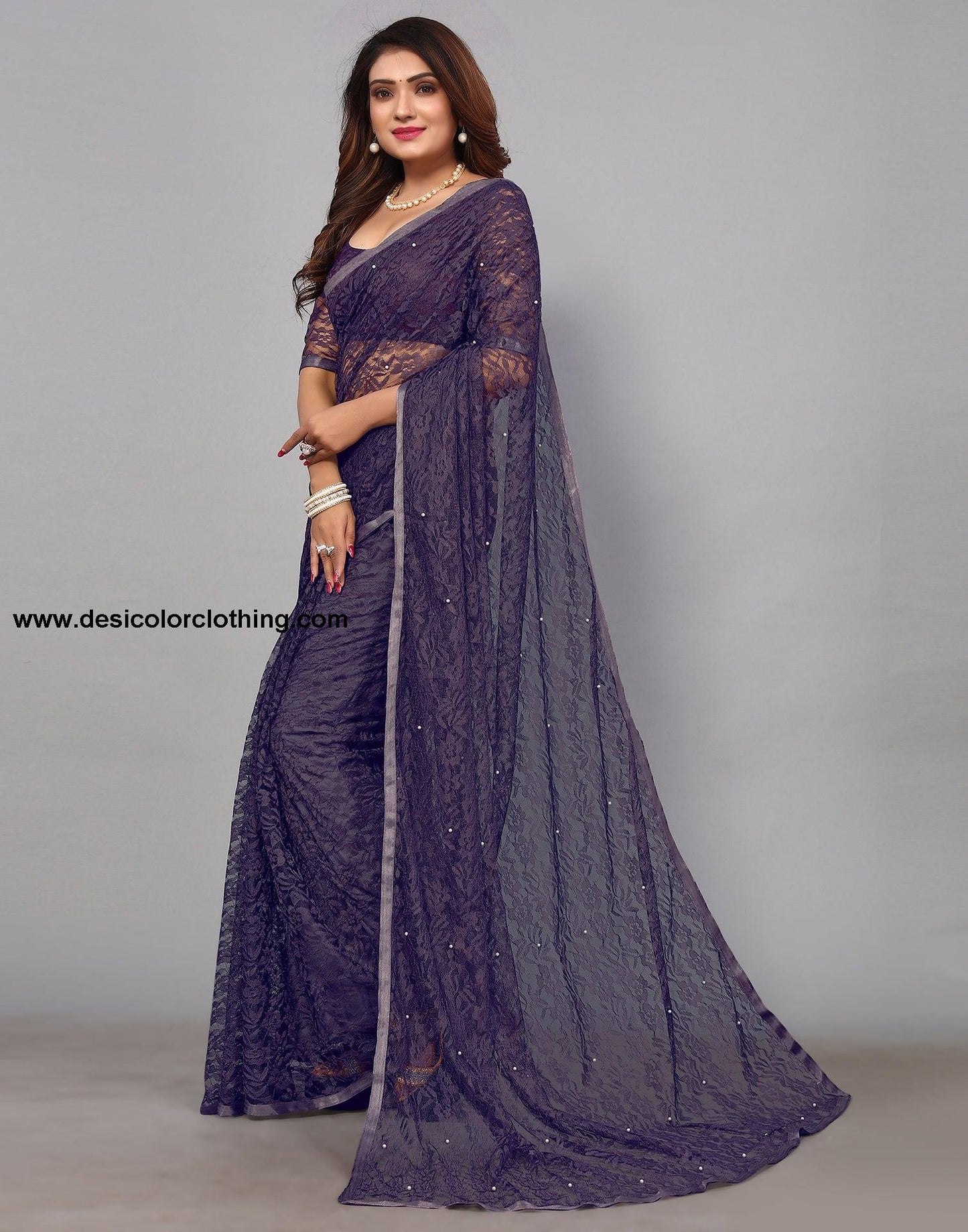 Purple Net Lace Saree