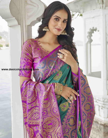 Teal Green Silk Woven Banarasi Saree