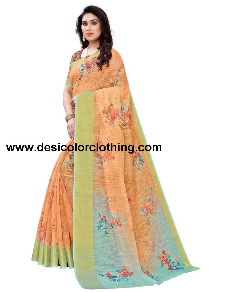 Orange Cotton Printed Saree | 1939S212